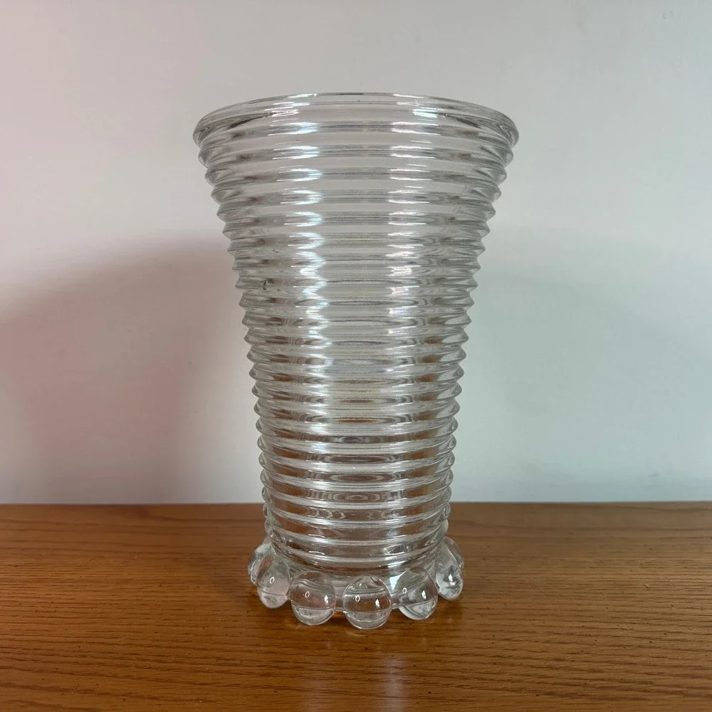 Clear Glass Vase Ribbed Design Bulbous Bottom‎ Vintage Flower Holder Decor
